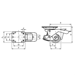 Heberollen mit Lochplatte, mit schwenkendem Hebel, Lauffläche Polyurethan, Technische Zeichnung