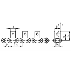 Rollenketten mit Flachlaschen M1 = schmale Form, 2 x p, zweiseitig, Technische Zeichnung