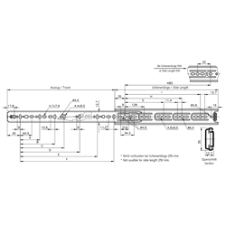 Auszugschienen DZ 2132, Breite 12,7 mm, bis 50 kg, Teilauszug, Technische Zeichnung