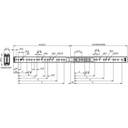 Auszugschienen DZ 2642, Breite 12,7 mm, bis 45 kg, kompaktes Profil, Vollauszug, Technische Zeichnung