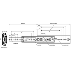 Auszugschienen DZ 3607, Breite 19,1 mm, bis 120 kg, Vollauszug, Technische Zeichnung