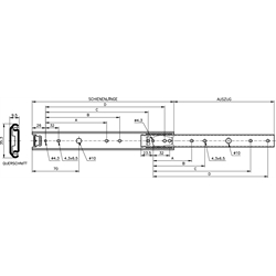 Auszugschienensatz DS 2028 Schienenlänge 600mm Edelstahl, Technische Zeichnung