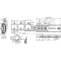 Auszugschienen DS 5322, Breite 20,7 mm, bis 120 kg, Edelstahl, Überauszug, Technische Zeichnung