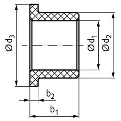 Bundbuchse BBP Bohrung 8mm Polyamid 6.6 Außendurchmesser 12mm Länge 6mm Bunddurchmesser 16mm , Technische Zeichnung