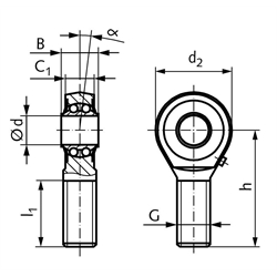 Gelenkköpfe BR-R DIN ISO 12240-4, K, Pendelkugellagerung, Außengewinde, Edelstahl, Technische Zeichnung