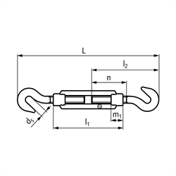 Spannschloss DIN 1480 mit 2 Haken Gewinde M10 Material S235 galvanisch verzinkt, Technische Zeichnung