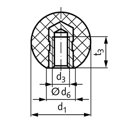 Kugelknöpfe DIN 319 PA Form E, aus Kunststoff, mit Innengewinde, Technische Zeichnung