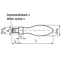 Fester Ballengriff DIN 39 Al Durchmesser 36mm Ausführung E mit Gewindezapfen M16 Aluminium poliert , Technische Zeichnung