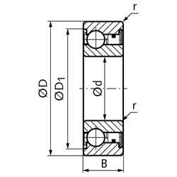 Kugellager-Freilauf BB30 Innen-Ø 30mm Außen-Ø 62mm Breite 16mm ohne Passfedernut, Technische Zeichnung