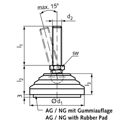 Gelenkfuss 344.5 Form N M10 x 68mm lang Tellerdurchmesser 60mm Schraube aus Edelstahl , Technische Zeichnung