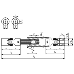 Ausziehbare Präzisionsgelenkwelle PW beidseitig Bohrung 18H7 zusammengeschobene Länge: 270mm max. Länge: 370mm Material: Stahl, Technische Zeichnung