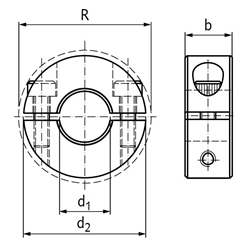 Geteilter Klemmring Edelstahl 1.4305 Bohrung 10mm mit Schrauben DIN 912 A2-70 , Technische Zeichnung