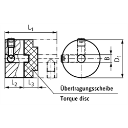 Drehstarre Kupplung HZD Durchgangsbohrung 16mm max. Drehmoment 30,0 Nm Außendurchmesser 50mm Edelstahl 1.4305 , Technische Zeichnung