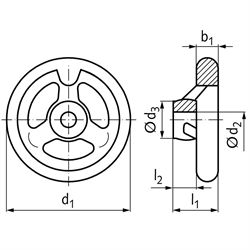 Speichen-Handrad DIN 950 aus Grauguss 3 Speichen Kranz gedreht und poliert Ausführung B/A Durchmesser 80mm , Technische Zeichnung