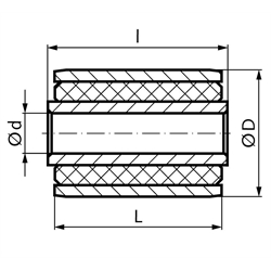 Buchse PHO-V Innendurchmesser 20mm Außendurchmesser 45mm Länge innere Buchse 62,5mm Länge äußere Buchse 59mm komplett vulkanisiert
, Technische Zeichnung