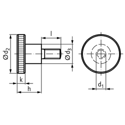 Hohe Rändelschraube DIN 464 M3 x 10mm lang Stahl Festigkeit 5.8 verzinkt, Technische Zeichnung