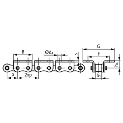 Winkellaschen-Rollenkette 10 B-1-K2, 2xp mit beidseitigen breiten Winkellaschen mit 2 Befestigungsbohrungen am Aussenglied im Abstand 2xp , Technische Zeichnung