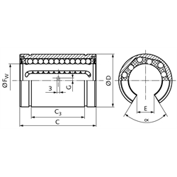 Linearkugellager KB-3-ST-O ISO-Reihe 3, offen, Technische Zeichnung