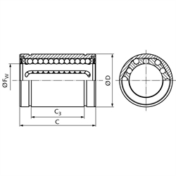 Linearkugellager KB-3-STS ISO-Reihe 3 Kugelkäfig aus Stahl beidseitig abgedichtet für Wellen-Ø 12mm, Technische Zeichnung