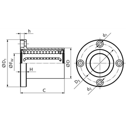 Linearkugellager KB-ST-F mit rundem Flansch beidseitig abgedichtet für Wellen-Ø 16mm kurze Ausführung, Technische Zeichnung