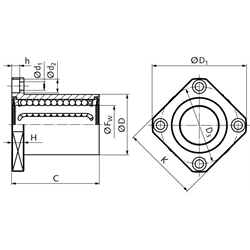 Linearkugellager KB-ST-V mit viereckigem Flansch beidseitig abgedichtet für Wellen-Ø 25mm kurze Ausführung, Technische Zeichnung