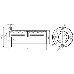 Tandem Linearkugellager KBT-ST-FL mit rundem Flansch beidseitig abgedichtet für Wellen-Ø 16mm lange Ausführung, Technische Zeichnung