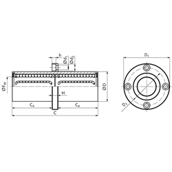 Tandem-Linearkugellager KBT-ST-FM mit mittigem rundem Flansch beidseitig abgedichtet für Wellen-Ø 60mm, Technische Zeichnung