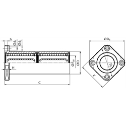 Tandem Linearkugellager KBT-ST-VL mit viereckigem Flansch beidseitig abgedichtet für Wellen-Ø 60mm lange Ausführung, Technische Zeichnung