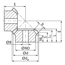 Kegelrad aus 1.4305 Modul 2,5 15 Zähne Übersetzung 2:1, Technische Zeichnung