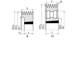 Keilriemenscheiben für Taper-Spannbuchsen, Profil B, SPB und XPB (17), 5-rillig, Technische Zeichnung