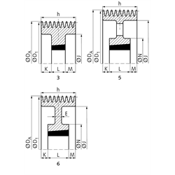 Keilriemenscheiben für Taper-Spannbuchsen, Profil C, SPC und XPC (22), 8-rillig, Technische Zeichnung