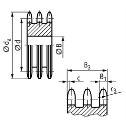 Dreifach-Kettenradscheibe DRL ohne Nabe 06 B-3 3/8x7/32" 28 Zähne Mat. Stahl , Technische Zeichnung