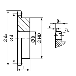 Kettenrad KRG mit einseitiger Nabe 10 B-1 5/8x3/8" 13 Zähne Material Stahl Zähne induktiv gehärtet, Technische Zeichnung