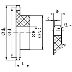 Kettenrad KRK mit einseitiger Nabe 081 1/2x1/8" 25 Zähne Mat. Polyacetal , Technische Zeichnung