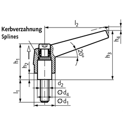 Verstellbarer Klemmhebel 120 Ausführung G mit Außengewinde M8 x 16mm lang Grifflänge L2 = 62mm , Technische Zeichnung