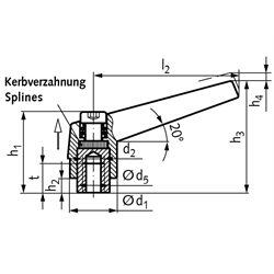 Verstellbarer Klemmhebel 120 Ausführung N Innengewinde M8 Länge l2=62mm , Technische Zeichnung