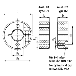 Geschlitzter Klemmring aus Edelstahl 1.4305 Bohrung 28mm mit Schraube DIN 912 A2-70 Ausf. B2, Technische Zeichnung