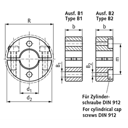 Geteilter Klemmring aus Edelstahl 1.4305 Bohrung 30mm mit Schrauben DIN 912 A2-70 Ausf. B2, Technische Zeichnung