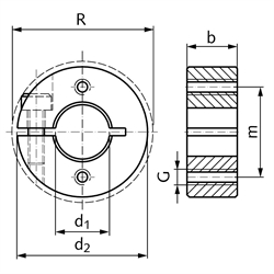 Geschlitzter Klemmring aus Edelstahl 1.4305 Bohrung 22mm mit Schraube DIN 912 A2-70 Ausf. GA, Technische Zeichnung