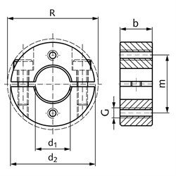 Geteilter Klemmring aus Stahl C45 brüniert Bohrung 22mm mit Schrauben DIN 912 12.9 Ausf. GA, Technische Zeichnung