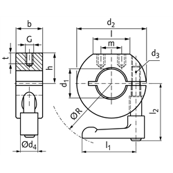 Geschlitzter Klemmring Stahl C45 brüniert Bohrung 10mm mit verstellbarem Klemmhebel M3 x 10 Länge 22mm Ausf. GRK, Technische Zeichnung