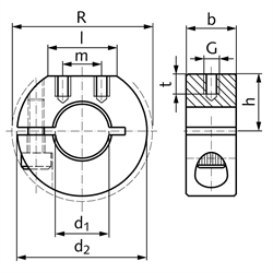 Geschlitzter Klemmring aus Edelstahl 1.4305 Bohrung 45mm mit Schraube DIN 912 A2-70 Ausf. GR, Technische Zeichnung