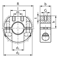 Geteilter Klemmring aus Edelstahl 1.4305 Bohrung 22mm mit Schrauben DIN 912 A2-70 Ausf. GR, Technische Zeichnung