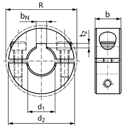 Geteilter Klemmring aus Stahl C45 brüniert Bohrung 60mm mit Schrauben DIN 912 12.9 Ausf. N, Technische Zeichnung