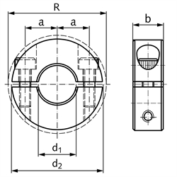 Geteilter Klemmring aus 1.4305 Bohrung 6mm mit Schrauben DIN 912 A2-70 Ausf. S, Technische Zeichnung