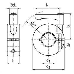 Geschlitzter Klemmring Stahl C45 brüniert Bohrung 18mm mit verstellbarem Klemmhebel M5 x 14 Länge 30mm, Technische Zeichnung