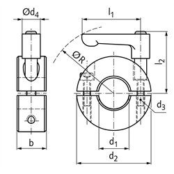 Geteilte Klemmringe - Ausführung K mit verstellbarem Klemmhebel, Aluminium, Technische Zeichnung
