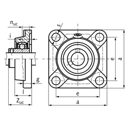 Kugelflanschlager TUCF 209 Bohrung 45mm Gehäuse aus Thermoplast schwarz Lager aus Edelstahl, Technische Zeichnung