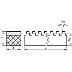 Zahnstange aus POM schwarz Modul 2,5 Zahnbreite 25mm Gesamthöhe 25mm Länge 250mm , Technische Zeichnung