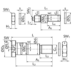 Zapfen exzentrisch LFE8 dw 6mm Zapfendurchm. 8mm Länge 28,3mm, Technische Zeichnung